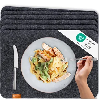 Miqio® - Design Tischset aus Filz | Marken Label aus echtem Leder | 6er Set Platzset (dunkel grau anthrazit) abwaschbar | Filzmatte Tisch Untersetzer Platzdeckchen abwischbar