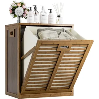 HITNET Badschrank mit Wäschekorb, Waschschrank, Bambus Badezimmerschrank mit Wäschesammler, Herausnehmbare Innentaschen mit Griffen für Waschküche, Badezimmer und Schlafzimmer, Walnuss