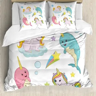 ABAKUHAUS Narwal Bettbezug, Bunte Regenbogen-Tier, Milbensicher Allergiker geeignet mit Kissenbezügen, 155 cm x 220 cm - 80 x 80 cm, Mehrfarbig