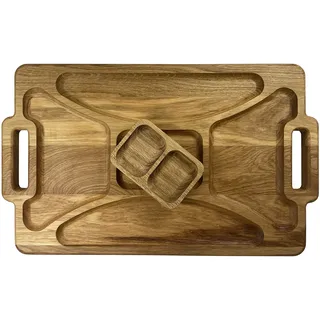 EFO Servierplatte aus Holz 48x29 cm | Serviertablett aus massivem Eichenholz mit Schalen und Fächern | Tablett Serviertablett für Käse, Antipasti und Snacks | Vesperbrett für stilvolles Servieren