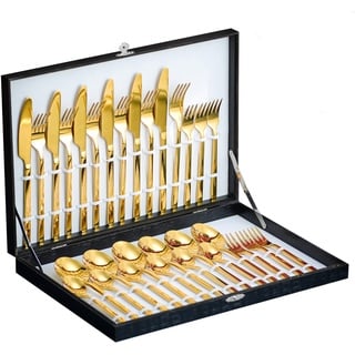 Velaze Besteck Set Gold, 30-teiliges Besteckset aus Edelstahl 18/10, Besteck für 6 Personen mit Geschenkbox, Bestecksets mit Messer, Löffel und Gabel, Spiegelpoliert, Spülmaschinenfest