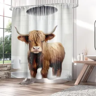 Fchen art Lustiger Duschvorhang mit Highland-Kuh-Druck, Bauernhoftier-Humor-Vorhang, skurriles Hochlandkuh, schnell trocknender Stoff, rustikaler Bauernhaus-Duschvorhang mit 12 Haken, 182,9 x 182,9 cm