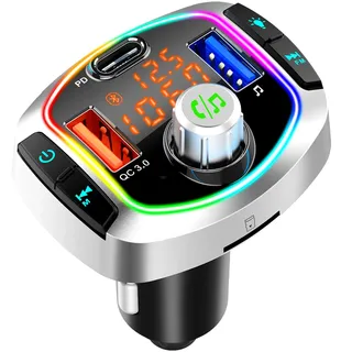 GizmoVine Bluetooth Adapter Auto, FM Transmitter Auto mit Dual USB Anschlüsse QC 3.0 Typ-C PD Schnellladung, Unterstützung Handy Freisprechanlage, Musik MP3 Player, SD-Karte, 7 RGB Beleuchtungsmodi