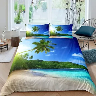 Loussiesd Hawaiian Strand Bettwäsche Set 135x200cm Ozean Meer Bedrucktes Bettbezug Set für Kinder Palm Tree Drucken Betten Set Sommerferien Urlaub 2St. Mit 1 Kissenbezug