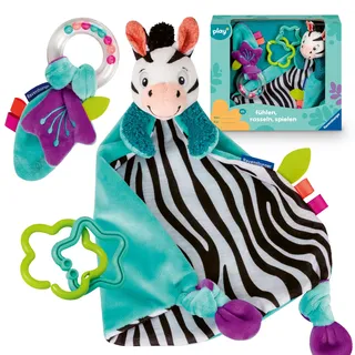 Ravensburger 4858 Play+ Fühlen, rasseln, Spielen (Geschenk-Set: Zebra), Schmusetuch, Geschenk zur Geburt, Taufe, Baby Shower, Stimulation der Sinne, fördert die Feinmotorik, für Babys ab 0 Monaten