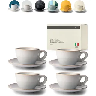 KIVY Cappuccino Tassen Set [4 x 240ml] - Handgefertigt aus dickwandigem Steingut - Cappuccino-Tassen mit Untertasse - Kaffeetassen Set mit Untertasse - Edle Cappuccino Tassen Dickwandig Groß Grau