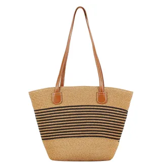 Faletony Stroh Strandtasche Flechttasche Damen Schultertasche Strohtasche Groß Umhängetasche Sommer Shopper Handtasche Korbtasche für Strand Reise Einkauf (Schwarze Streifen)
