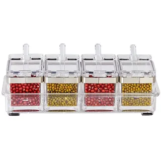 LOYUYU Gewürzkasten Edelstahl-Rand, Gewürzregal Gewürztöpfe, Aufbewahrungsbehälter Gewürzglas 4-teilige klare Acrylkruste mit Abdeckung und Löffel