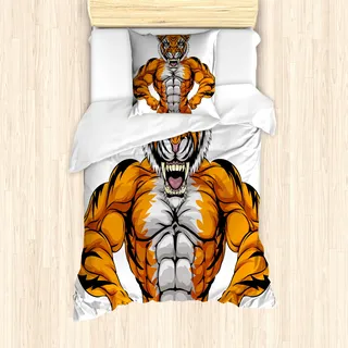 ABAKUHAUS Tier Mantele, Wildlife Safari Tiger, Milbensicher Allergiker geeignet mit Kissenbezügen, 135 cm x 200 cm - 80 x 80 cm, Pale Grau Marigold - Grau