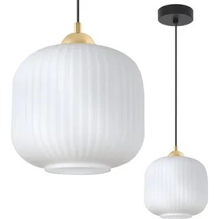 Hängelampe Riffle Schwarz-Gold 1-flammig mit weißem Zylinder Lampenschirm 20cm E27