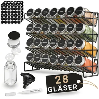 LINFELDT Gewürzregal 28 Gläser - 108 Sticker + Stift + Schrauben zum Hängen - Gewürzregal Stehend - Gewürzgläser mit Regal ohne Gewürze - 34,5x25x11,5
