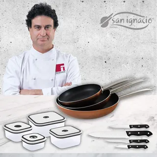 San Ignacio Professional Chef Copper Set 3 Pfannen + 4 Brotdosen + 4 Messer, gepresstes Aluminium