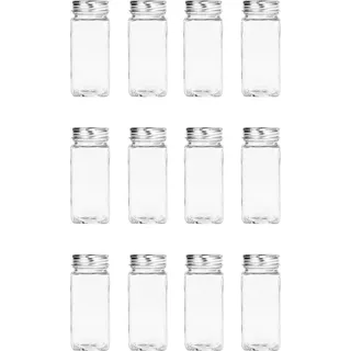 Krumble Gewürzdosen 12er Set - 120 ml - Gewürzstreuer - Streudose - Mit Streudeckel - Vorratsdosen - Quadratisch - Glas - Mit Aluminiumdeckel - Transparent - 4,4 x 4,4 x 10,5 cm