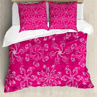 ABAKUHAUS Hot Pink Bettbezug, Frühling blühen Bloom, Milbensicher Allergiker geeignet mit Kissenbezügen, 200 cm x 200 cm - 80 x 80 cm, Pink Weiß Lila - Rosa