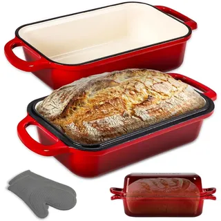 NutriChef Gusseisen Topf - Brotbackform mit Deckel - 22,9 cm Kastenform für Sauerteigbrot, emailliert, inkl. Silikonhandschuhen, spülmaschinenfest, Rot