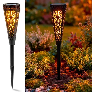 LUMILED Solarleuchte Garten LED 2700K Warmweiß, IP44 Spritzwasserdicht, Gartenfackel Solar Flamme Wegeleuchte Solarlampe Außen, Dekolampe für Weg, Terrasse, Balkon, Rasen - Schwarz