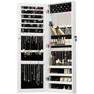 Wintem Platzsparender Schmuckschrank mit Spiegel, Befestigung an der Wand oder über der Tür, perfekt für die Organisation von Schmuck, Halsketten, Ohrringen und Accessoires, 110 x 37 x 10 cm