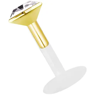Modern Nature Piercing-Schmuck Teflon Labret Stecksystem 1,6 x 10 mm mit gefasstem Stein in 2,0 mm, vergoldet