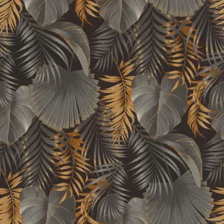 Rasch Textil Rasch Tapete 462043 - Dunkle Vliestapete mit Dschungel-Motiv, Dschungeltapete in Schwarz und Gold - 10,05m x 0,53m (LxB)
