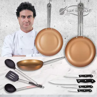 San Ignacio Copper Plus Set 3 Pfannen + 4 Messer + 3 Utensilien, Aluminium gepresst