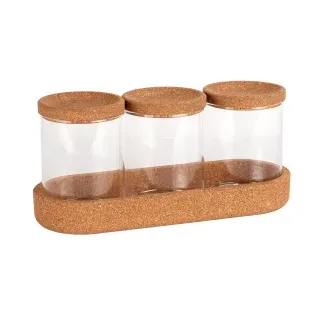 WENKO Aufbewahrungsdosen Apiro, Set, 4-teilig, Glas/Kork, Praktische Aufbewahrungsgläser für mehr Ordnung im Bad, Küche und Büro, 1 Set = 3 Aufbewahrungsgläser, 1 Korkunterlage