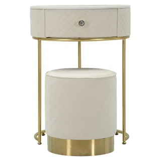 Vellit Nachttisch-Schminktisch-Set in Creme mit passendem Pouf Ø52x70 cm und Ø36x39 cm