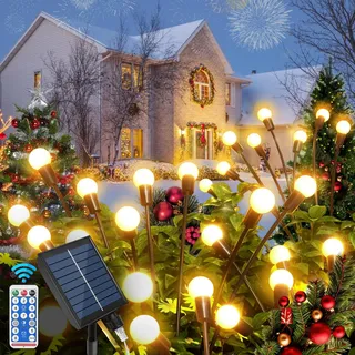 Qoolife Solarlampen für Außen Garten, 4 Stück 32 LED Solar Glühwürmchen Leuchte, 8 Lichtmodis Solarlichter Gartendeko für Draußen, Weg, Terrasse, Garten, Balkon Dekoration (Warm Weiß)