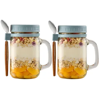 porlik 2 Pack Joghurtbecher Overnight Oats Gläser,450ML Overnight oats behälter,Mason Jars mit Deckel für,Cereal On The Go Container,joghurtbecher to go mit Löffel, Glas müslibecher to go