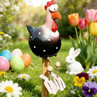 XEERUN Keramik Huhn Gartendeko, Huhn Deko Garten, Harz Gartenstecker, Deko Garten Handarbeit, Hen Handarbeit Gartenstatue Dekorative, Gartendeko HuhnDeko Für Außen Balkon Ostern (Schwarz)