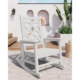 GarveeHome Wetterfester Schaukelstuhl Aus HDPE, Outdoor-Loungesessel Mit Karierte Rückenlehne Und Armlehnen, Großer Schaukelstuhl Mit Hoher Rückenlehne, Für Pool Und Terrasse, 61 x 89 x 102 cm