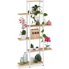 Bild Blumenregal Metall, 6-stufige Indoor Blumentreppe, Holzoptik, HBT: 150 x 78 x 24 cm, Pflanzenregal, hellbraun