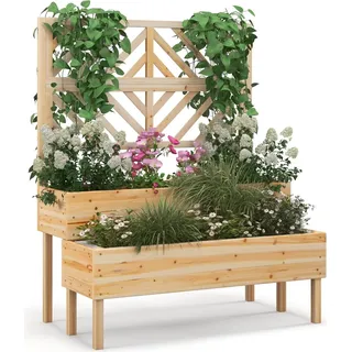 COSTWAY Blumenkasten mit Spalier aus Tannenholz, Gartenspalier mit 2 Rankkästen, Pflanzkasten für Kletterpflanzen, Hochbeet mit Rankgitter & Drainageloch, Blumenkübel für Garten Hof Balkon, Natur - Naturbelassen