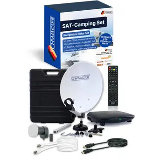 SCHWAIGER SAT-Camping Set I Satellitenanlage Komplettset I 35cm Stahl Offset Antenne, Single LNB, Full HD Receiver, 10m Koaxialkabel, Transportkoffer & Montagematerial I Mobile SAT-Anlage
