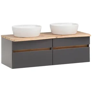 Lomadox Waschtisch 121 cm inkl. Keramik-Aufsatzbecken VIDAGO-03 in graphit mit Abdeckplatte in Baumkanten Optik, b/h/t: ca. 121/55/52 cm