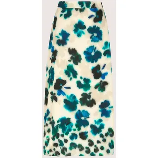 Midirock MADELEINE "Midirock Druckrock mit Aquarell-Blumenmuster", Damen, Gr. 42, blau (aqua, multicolor), Obermaterial: 100% Viskose CV., Modern, figurumspielend, Röcke Midirock, Satin-Druckrock