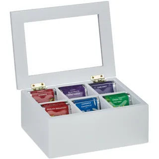 Relaxdays Teebox, 6 Fächer, Bambus, HBT: 9x21,5x16 cm, für Tee & Kaffeepads, Teekasten mit Deckel, staubgeschützt, weiß