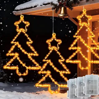 Joycome 3 Stück 55 LED Hängend Weihnachtsbaum Fensterbeleuchtung Batterie | Weihnachtsdeko Fenster mit Timer, Weihnachtsbeleuchtung Außen Wasserdicht Led Stern Fenster für Aussen Innen - Warmweiß