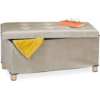 Relaxdays Sitzbank mit Stauraum, Polster, Samtbezug, Holzfüße, bis 120 kg, faltbar, Sitztruhe HBT: 34x76x38 cm, Creme