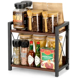 ANBOXIT Regal Küche Arbeitsplatte, Küchenregal Klein, Holz Kaffee Organizer, 2 Tier Kleines Regal für Küche Ecke, Büro, Badezimmer - Braun
