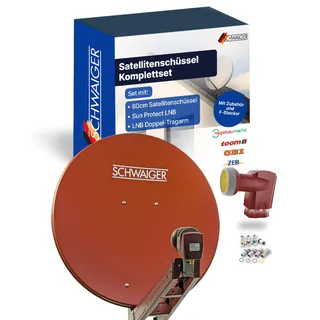 SCHWAIGER Satellitenschüssel Komplettset - Ø 80 cm Aluminium Offset Antenne in Ziegelrot - Inkl. Quad LNB 4-Fach & LNB Doppel-Tragarm - Digital HD & 4K Empfang - Integrierte Kabelführung & wetterfest