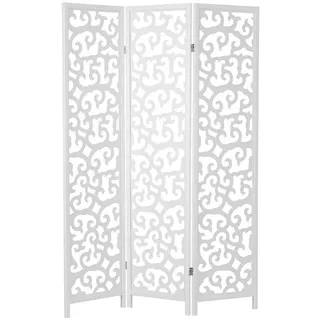 Homestyle4u Paravent 3-tlg. 130/175 cm Weiß Holzverzierung , 130x175x2 cm , Wohnzimmer, Raumteiler, Paravents