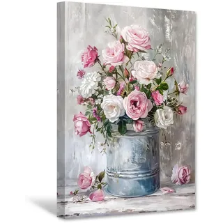 CXHOSTENT Rosen-Leinwandbild Vintage-Blumenbilder rosa Blumengemälde Druck Retro-Botanische Drucke rustikales Landhaus-Schlafzimmer-Bürodekor gerahmt (45L x 30B cm)