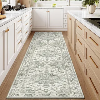 HUGEAR Vintage Grün Waschbarer Läufer Teppich Flur 60x240cm Bettvorleger Küchen Wohnzimmer Schlafzimmer Teppiche rutschfest Kurzflor Weich Flurläufer Teppichläufer