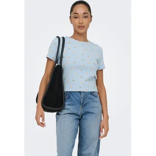 Kurzarmshirt ONLY "ONLFENJA LIFE SS AOP TOP JRS NOOS", Damen, Gr. M, blau (cashmere blau aop:orange love), Jersey, Obermaterial: 95% Baumwolle, 5% Elasthan, bedruckt, regular fit normal, Rundhals, Shirts Kurzarmshirt, Baumwollmischung, Cropped Fit, Rundhals