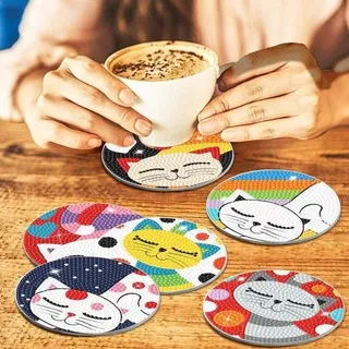 Unyqoos® 5D Diamond Painting Untersetzer – 6er-Set Katzen DIY Diamant‐Strass mit Korkrückseite, inkl. Box & Werkzeug, für Erwachsene & Kinder