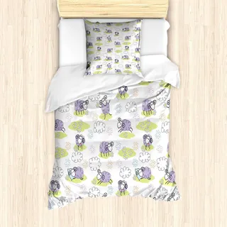 ABAKUHAUS Kindergarten Bettbezug Set, Niedliche Schafe mit Wolken aus Punkten Happy Children Friendly Print konstruiert, 135 x 200 cm + 80 x 80 cm, Lavendel - Violett