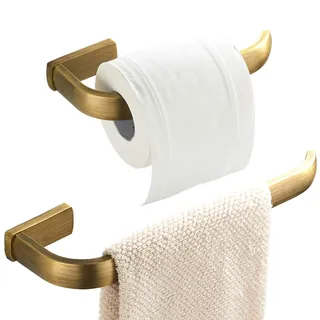 Flybath Handtuch und Toilettenpapierhalter Set Messing Gebürstet Antik | 2-teiliges Badezimmer Zubehör Set, Vintage Gold Handtuchhalter 29 CM, WC Rollenhalter Klopapierhalter 19 CM Retro Bronze
