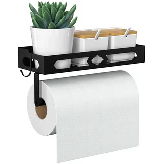 ZDDLOINP Gewürzregal mit Küchenrollenhalter und Haken, Gewürzregal Wand Ohne Bohren, Gewürz Organizer für Küchen, Schwarz