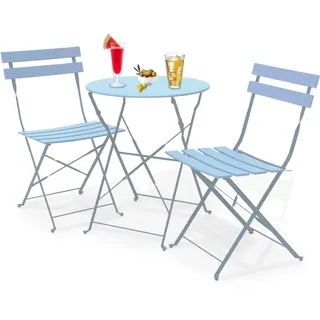 Shally Dogan 3-teiliges Set für den Garten, klappbar, Modell Paris, Tisch mit 2 Stühlen aus Stahl, platzsparende Möbel für Bistro, Balkon, Terrasse, Außenbereich, Doppelbar (Hellblau)