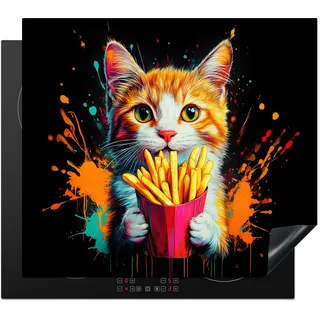 KitchenYeah© Herdabdeckplatte Einteilig Glaskeramikkochfeld Abdeckplatte für | 60x52 cm - Induktionsschutz Glaskeramikkochfeldabdeckung Vinyl Herdabdeckplatten Katze - Essen - Pommes - Graffiti - Abstrakt